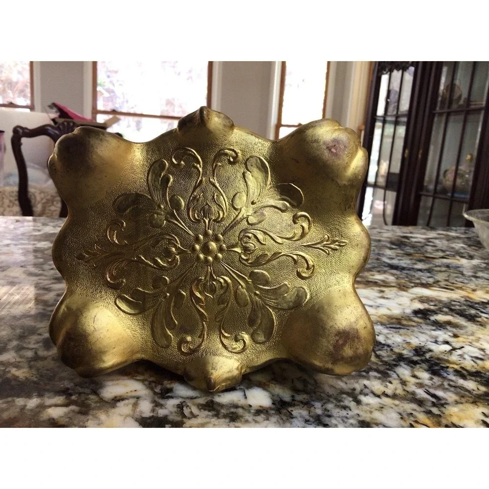 Vintage Ornate Jewelry Casket Trinket Box Gold Tone Floral Footed Vanity Box Hea